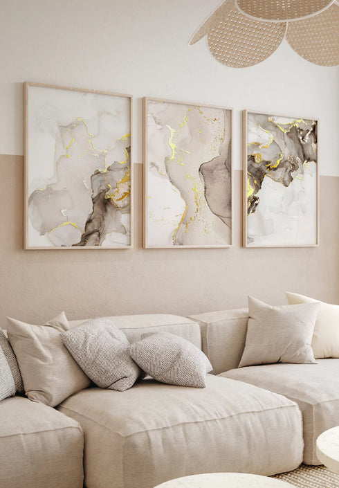 Beige Brown Paint Real Gold Set Of 3 Posters 50x70cm